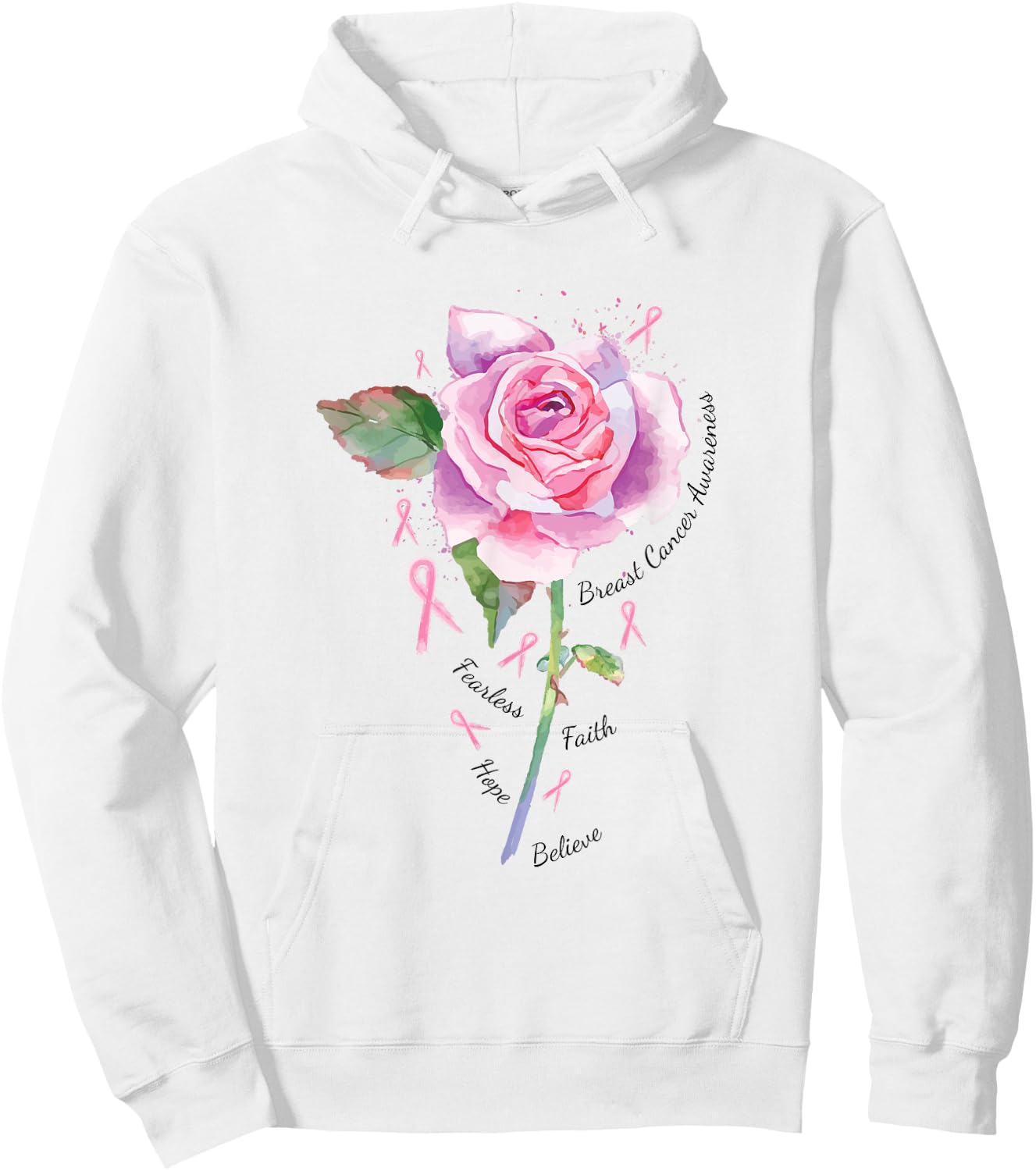 Breast Cancer Shirt Pink Ribbon Rose Fearless Faith Hope Hoodie - Hoodie | White
