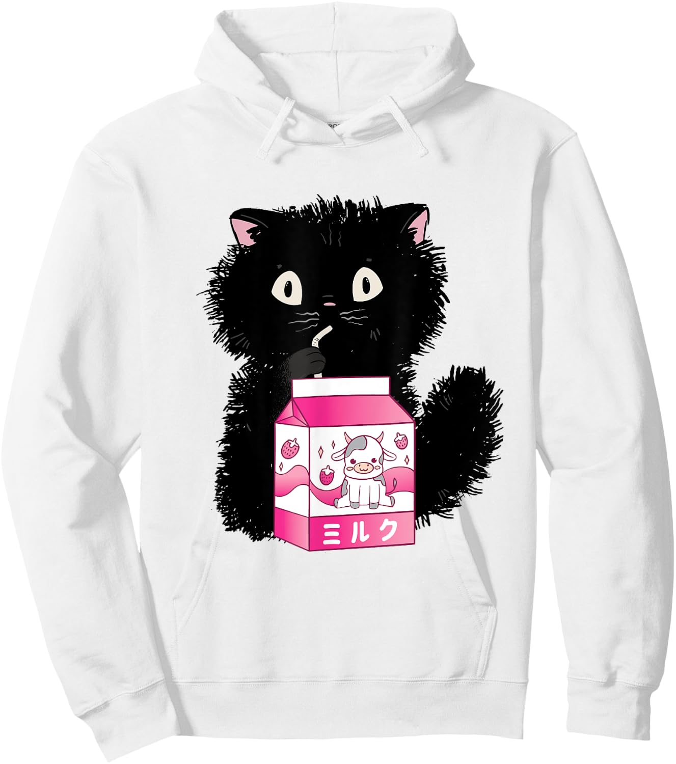 Girls Cute Cat Strawberry Milk Kawaii Cow and Kitten Hoodie - Hoodie | White