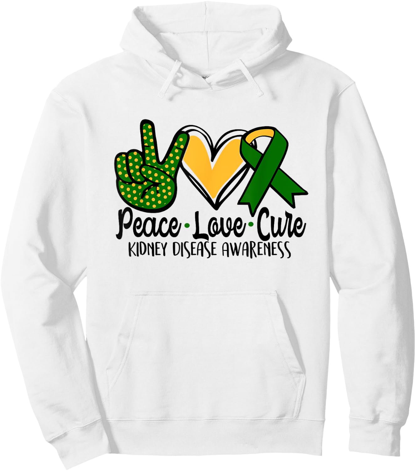 Peace Love Cure Kidney Disease Awareness March Green Ribbon Hoodie - Hoodie | White