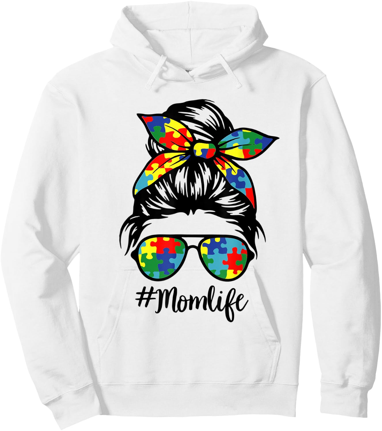 Autism Mom Life Puzzle Messy Bun Autism Awareness Month Hoodie - Hoodie | White