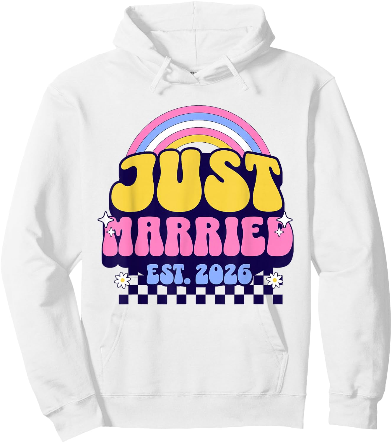 Just Married Est 2026 Groovy Wedding 2026 Newlywed Couple Hoodie - Hoodie | White
