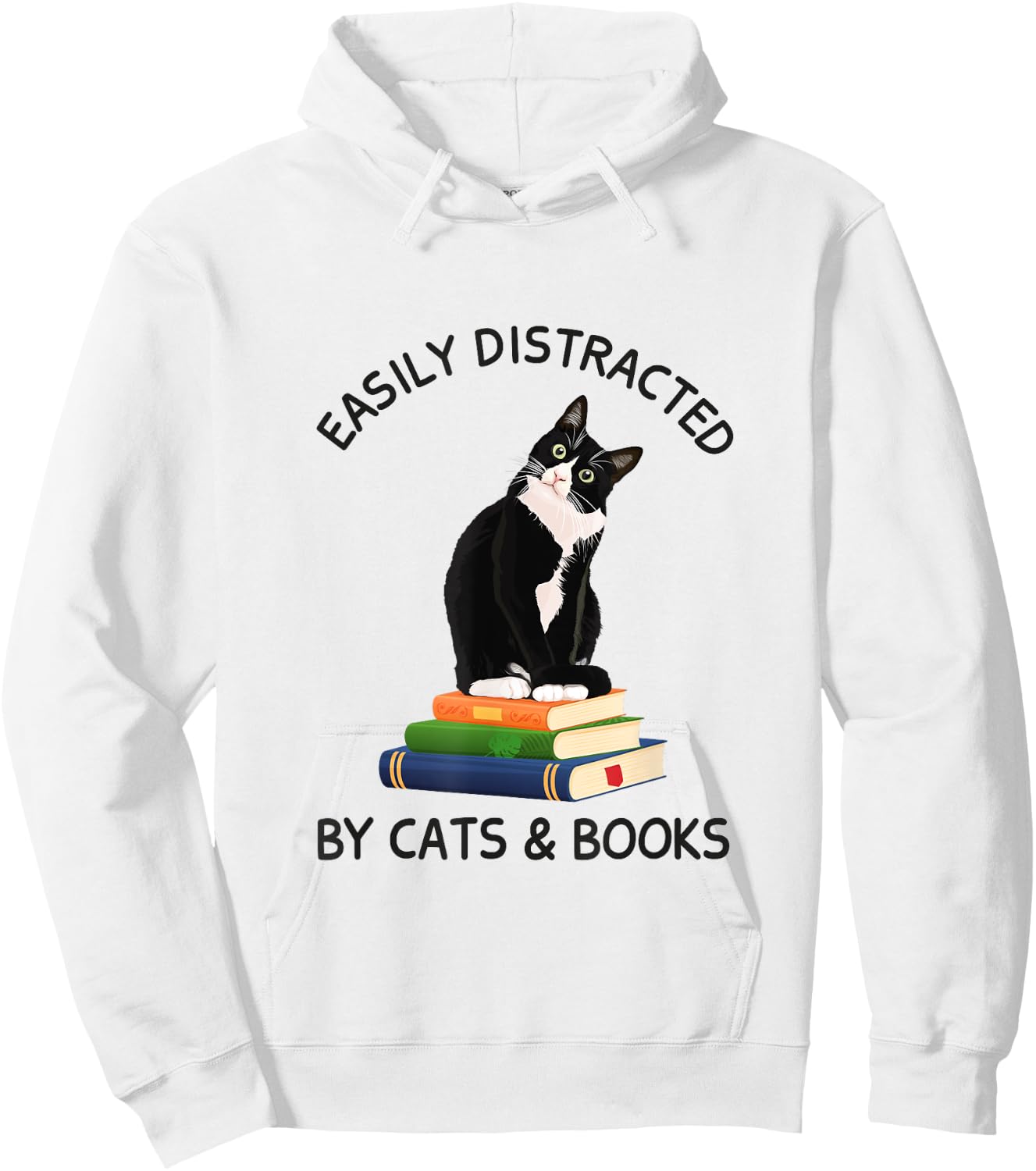 Easily Distracted By Cats And Books, Cat On A Pile Of Books Women Kids Hoodie - Hoodie | White