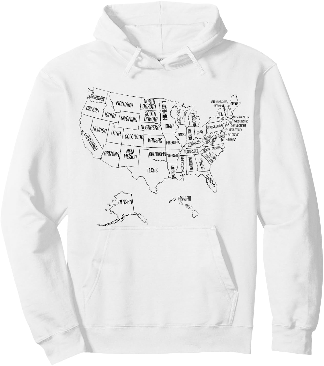 Black Outline Map of the 50 United States, USA Political map Hoodie - Hoodie | White