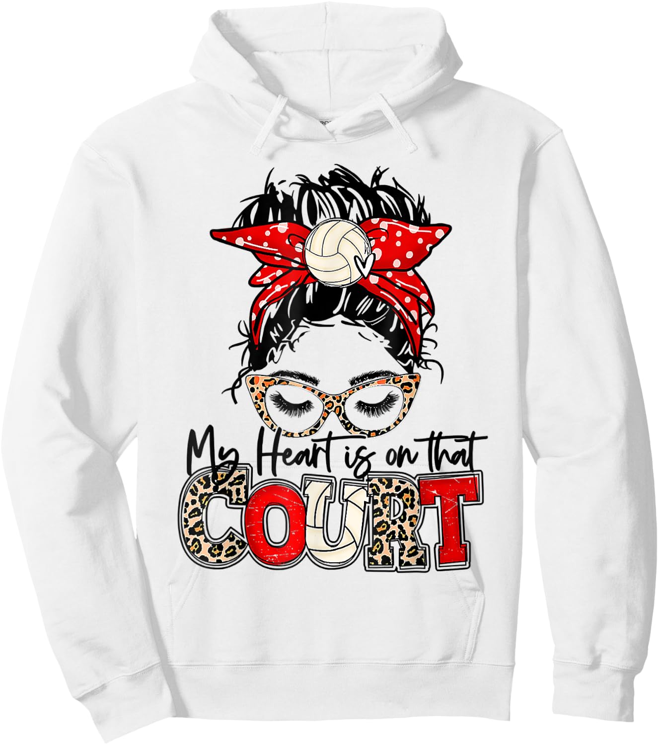 Leopard Messy Bun My Heart Is On That Court Volleyball Vibes Hoodie - Hoodie | White