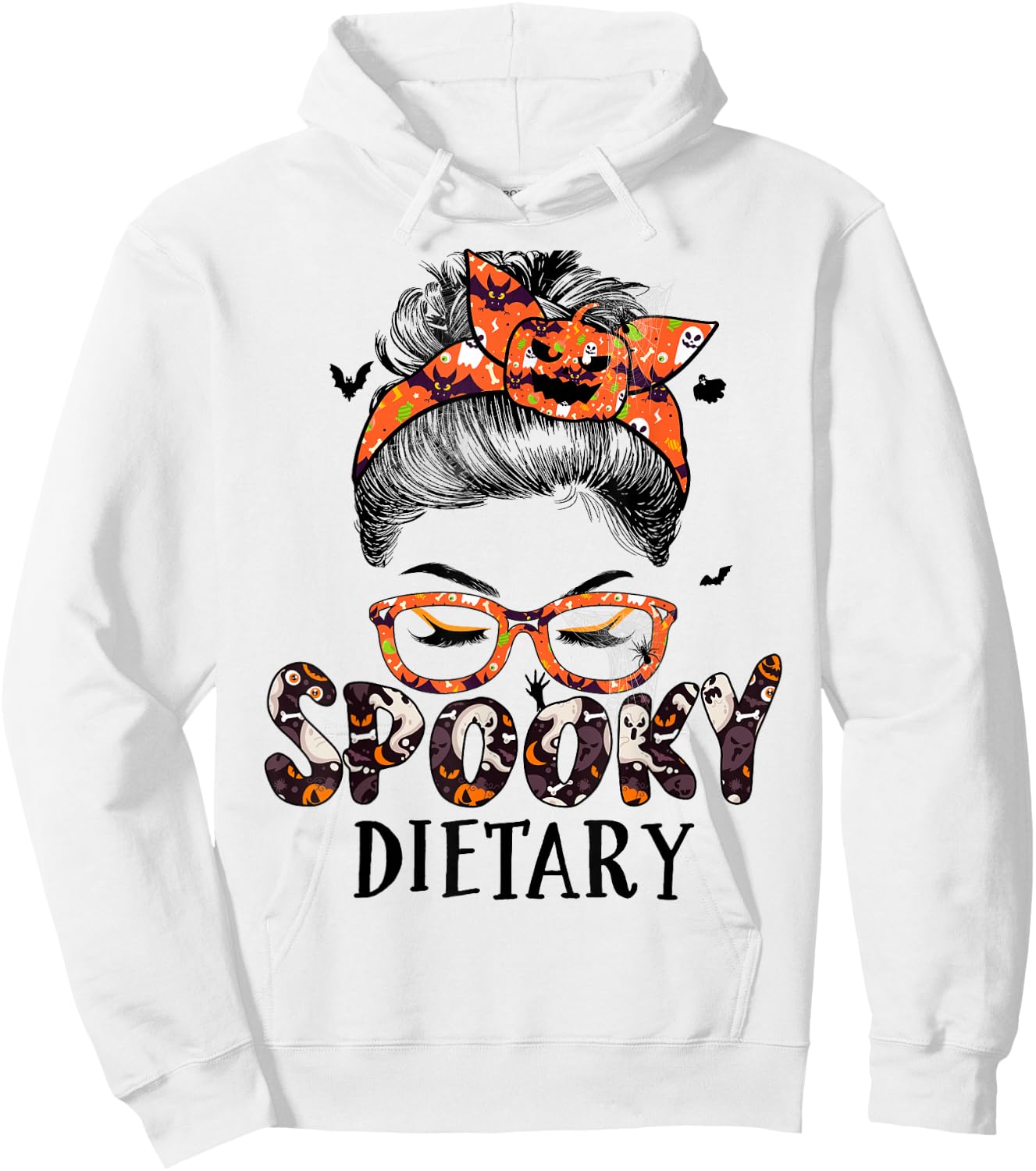 Messy Bun Spooky Dietary Women Pumpkin Halloween Bat Hoodie - Hoodie | White