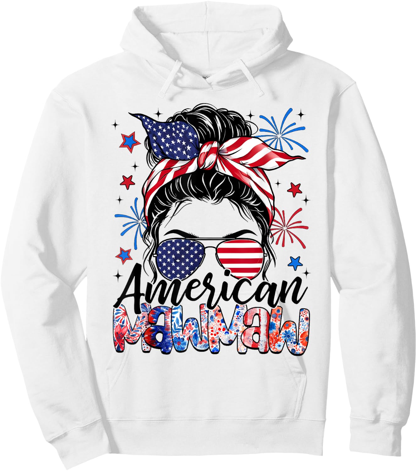 Mawmaw 4th Of July American Flag Patriotic Messy Bun Hoodie - Hoodie | White