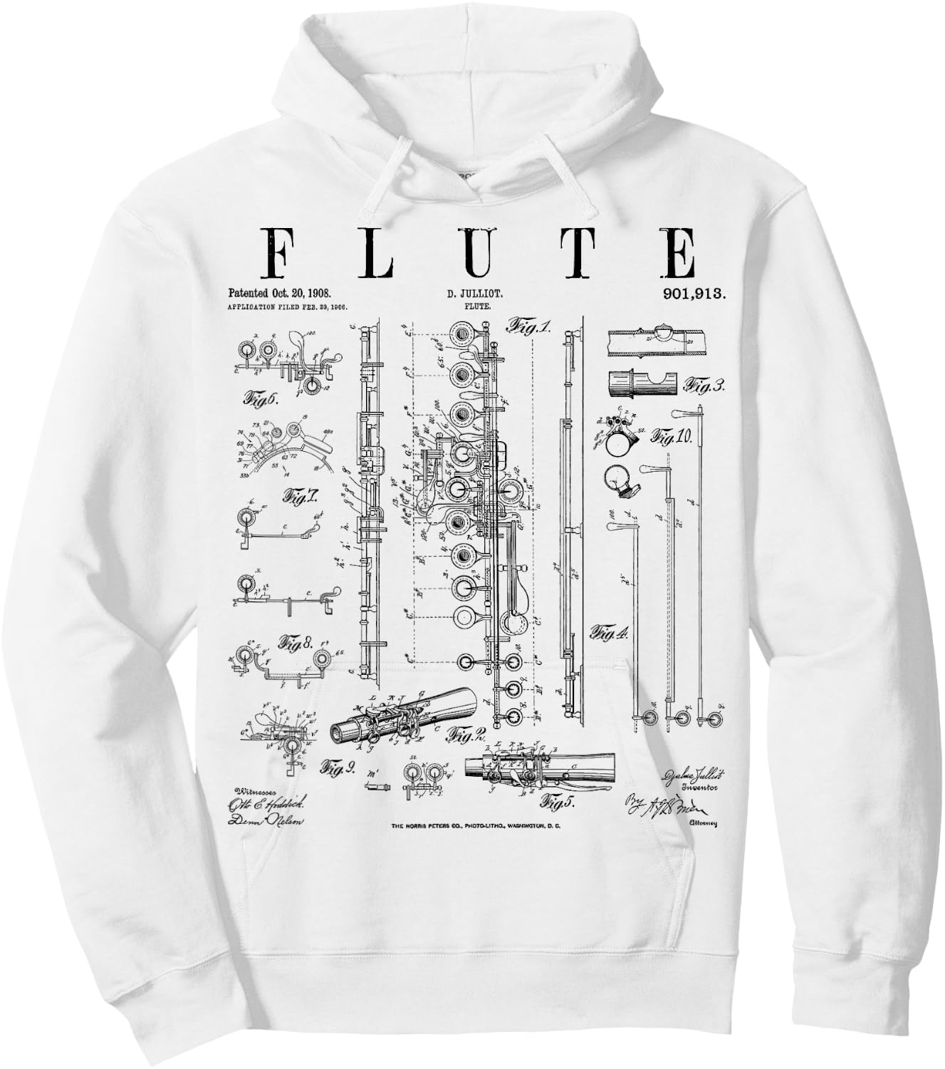 Grandio Design Vintage Patent Drawing Gifts Flute Vintage Patent Flutist Flautist Drawing Print Hoodie - Hoodie | White
