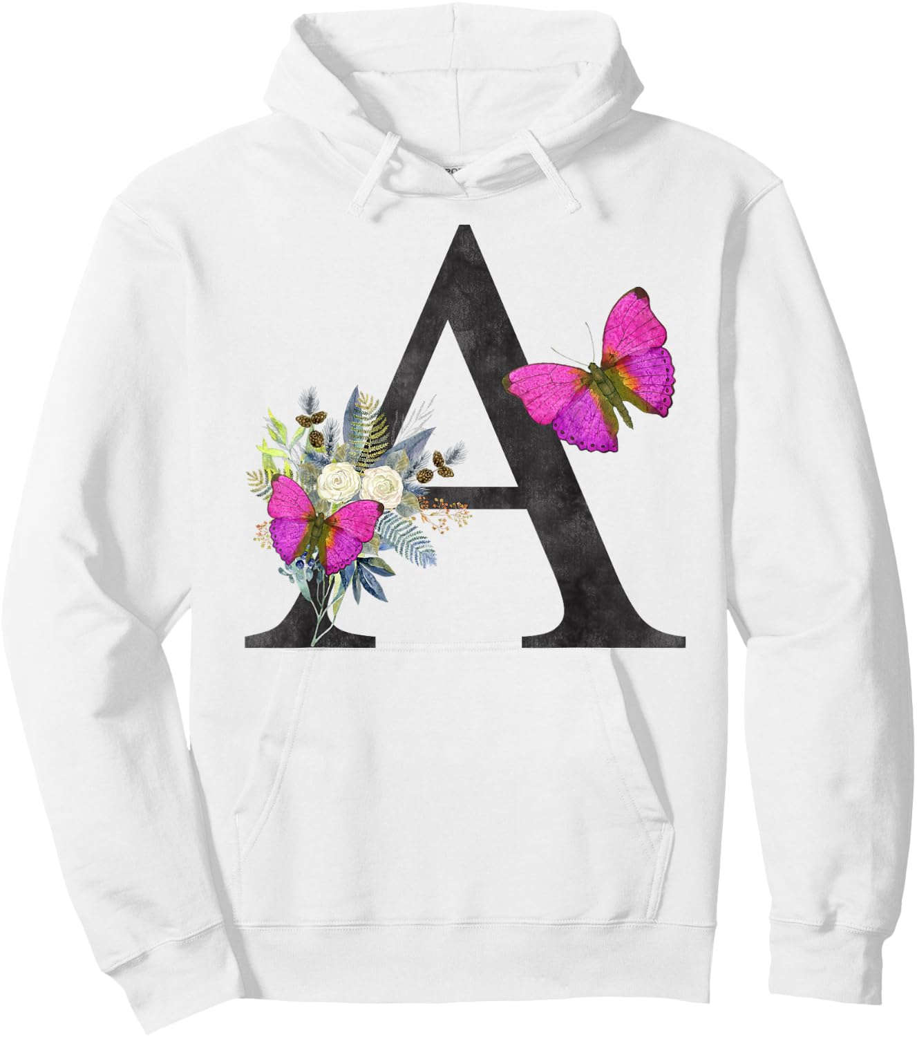 Initial A Letter Butterfly Rose Flowers Watercolor Monogram Hoodie - Hoodie | White