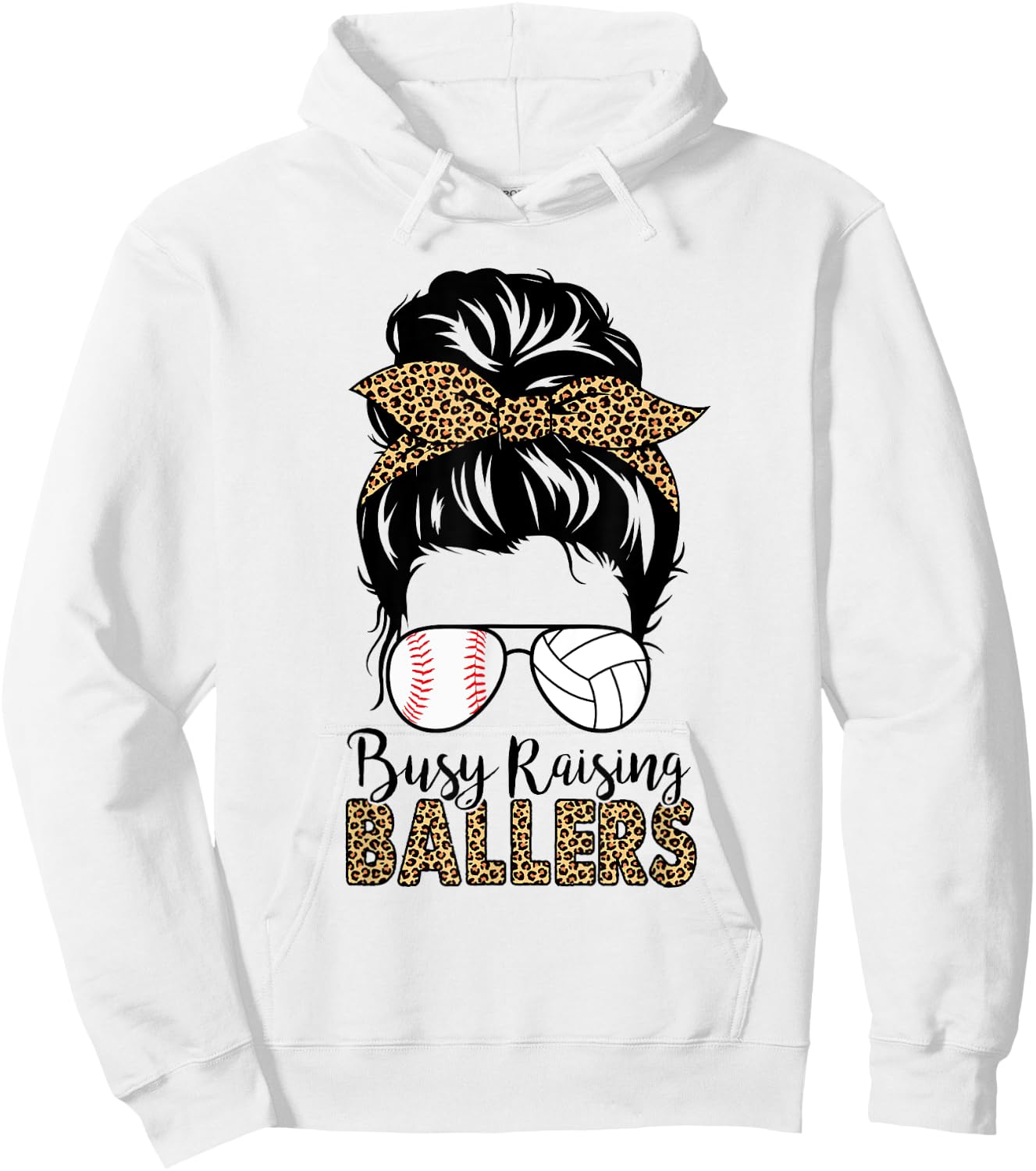 Busy Raising Ballers Volleyball And Baseball Mom Messy Bun Hoodie - Hoodie | White