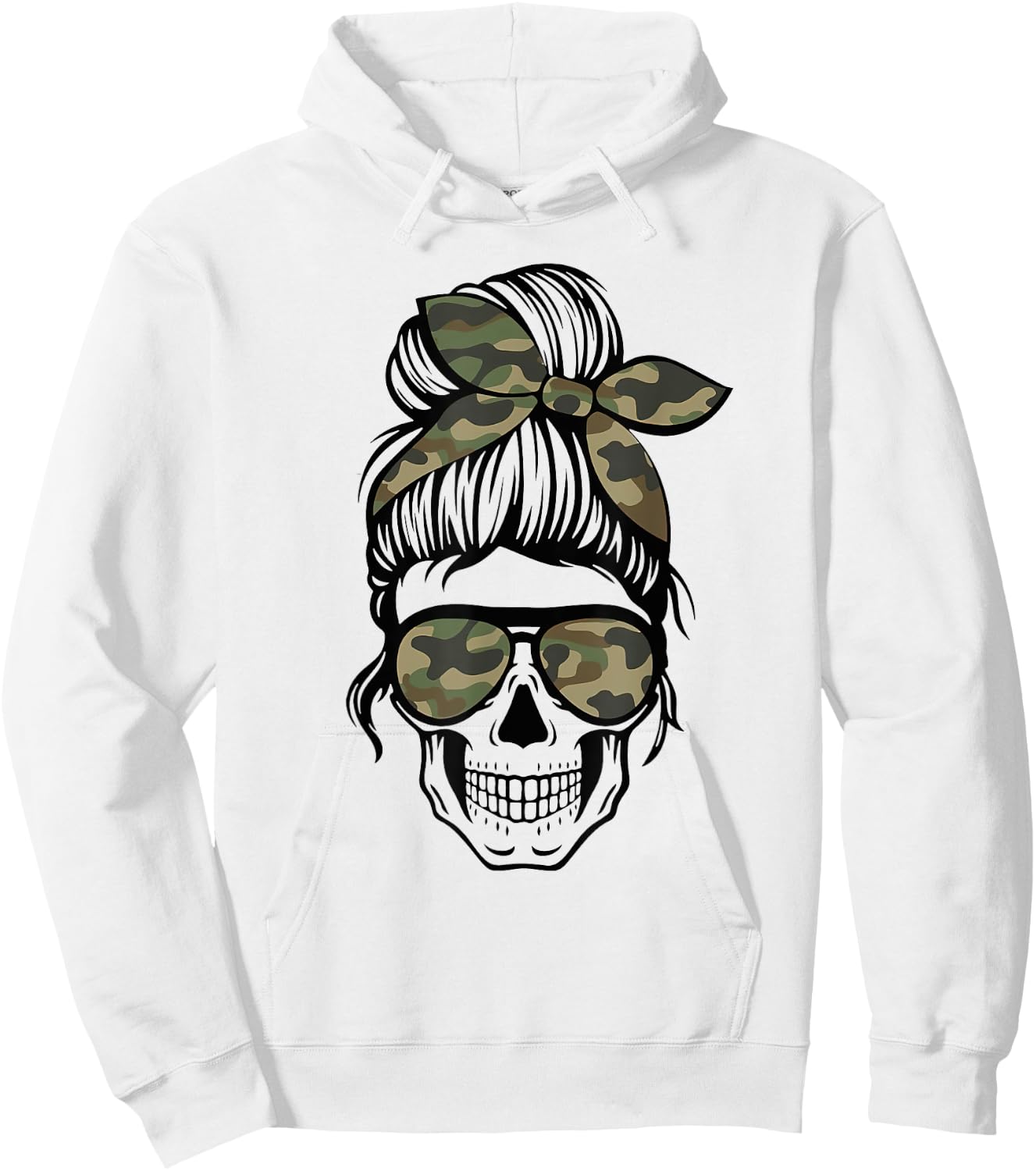 Camo Mom Skull Messy Bun Skull Mom Life Camo Patriotic Men Hoodie - Hoodie | White