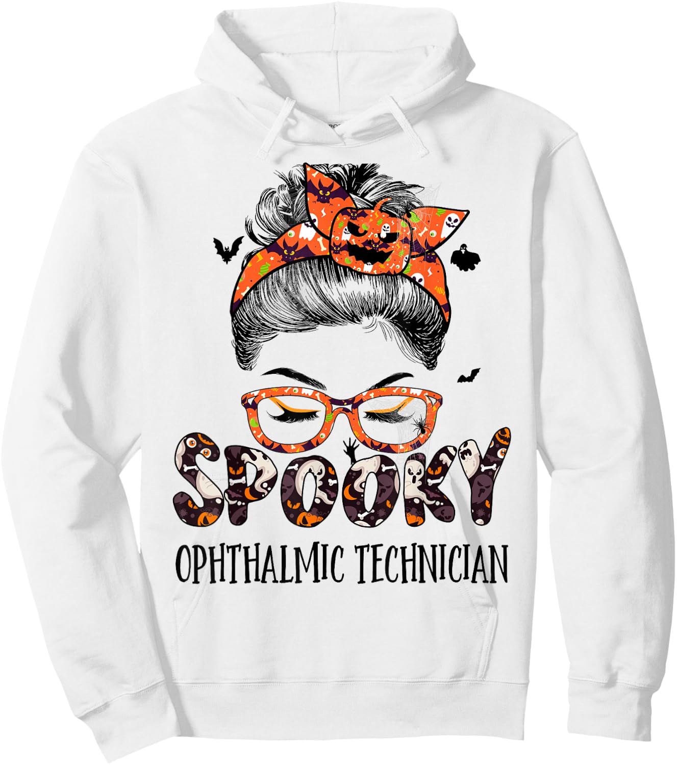 Messy Bun Spooky Ophthalmic Technician Pumpkin Halloween Bat Hoodie - Hoodie | White