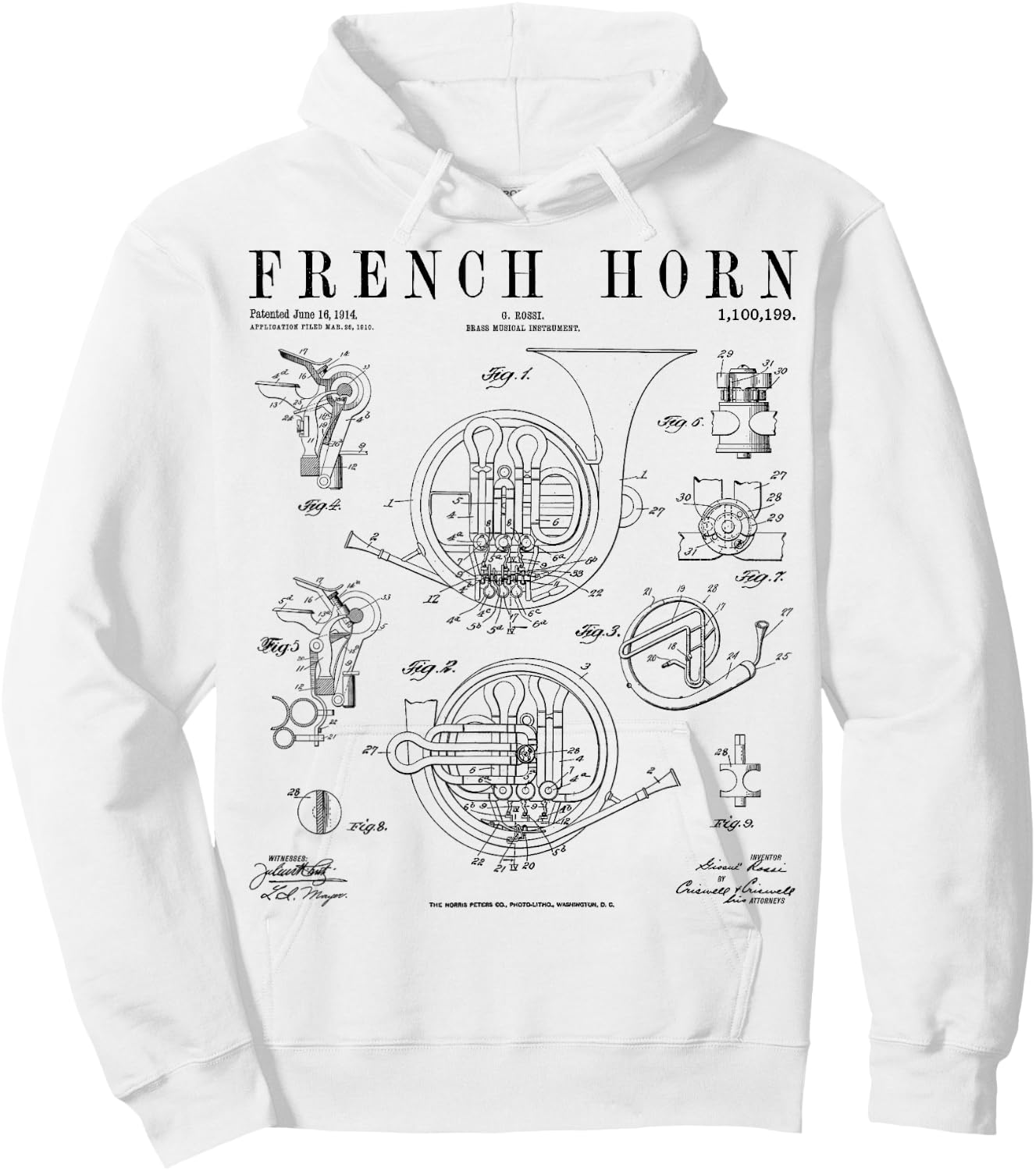 French Horn Old Vintage Antique Patent Drawing Print Hoodie - Hoodie | White
