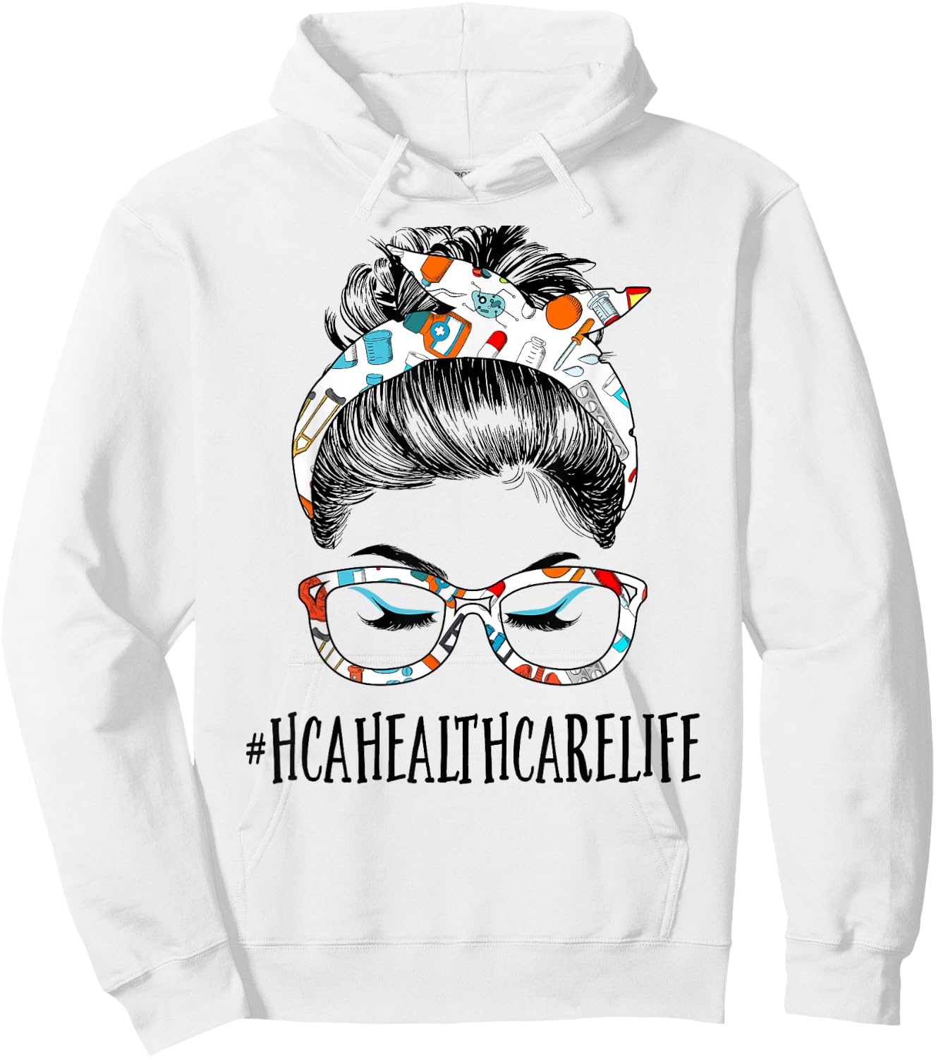 HCA Healthcare Life Messy Hair Woman Bun Healthcare Hoodie - Hoodie | White