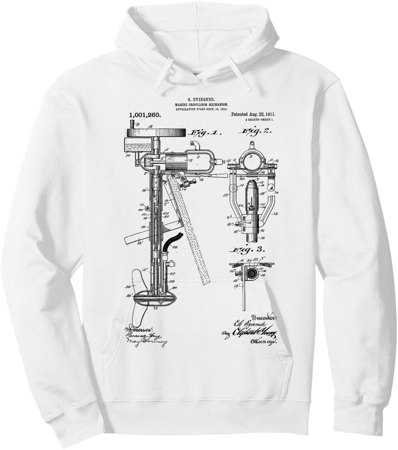 Vintage Patent Print 1911 Outboard Motor Blueprint Drawings Hoodie - Hoodie | White