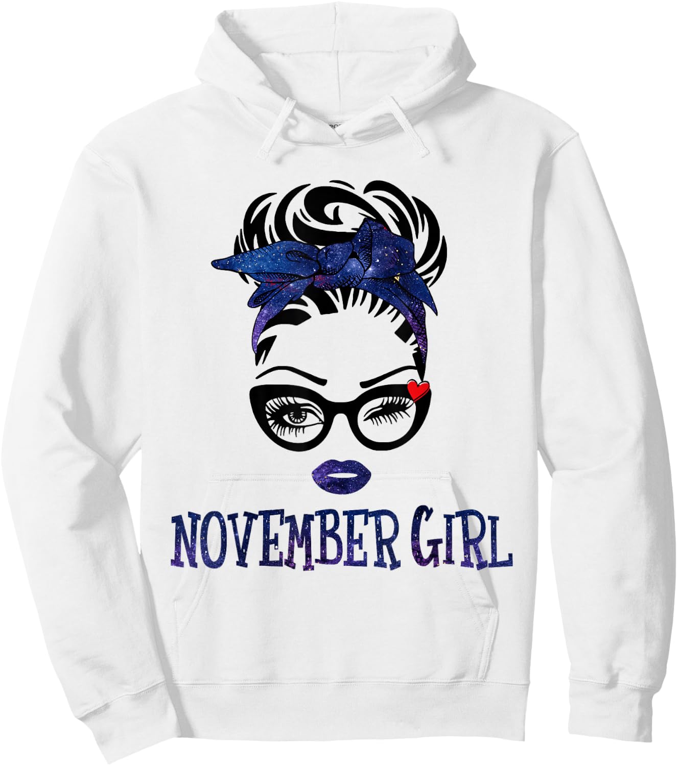 November Girl Galaxy Woman Face Messy Bun Hair Bandana Bday Hoodie - Hoodie | White