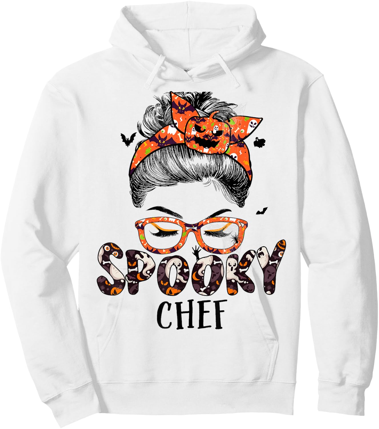 Messy Bun Spooky Chef Women Pumpkin Halloween Bat Hoodie - Hoodie | White