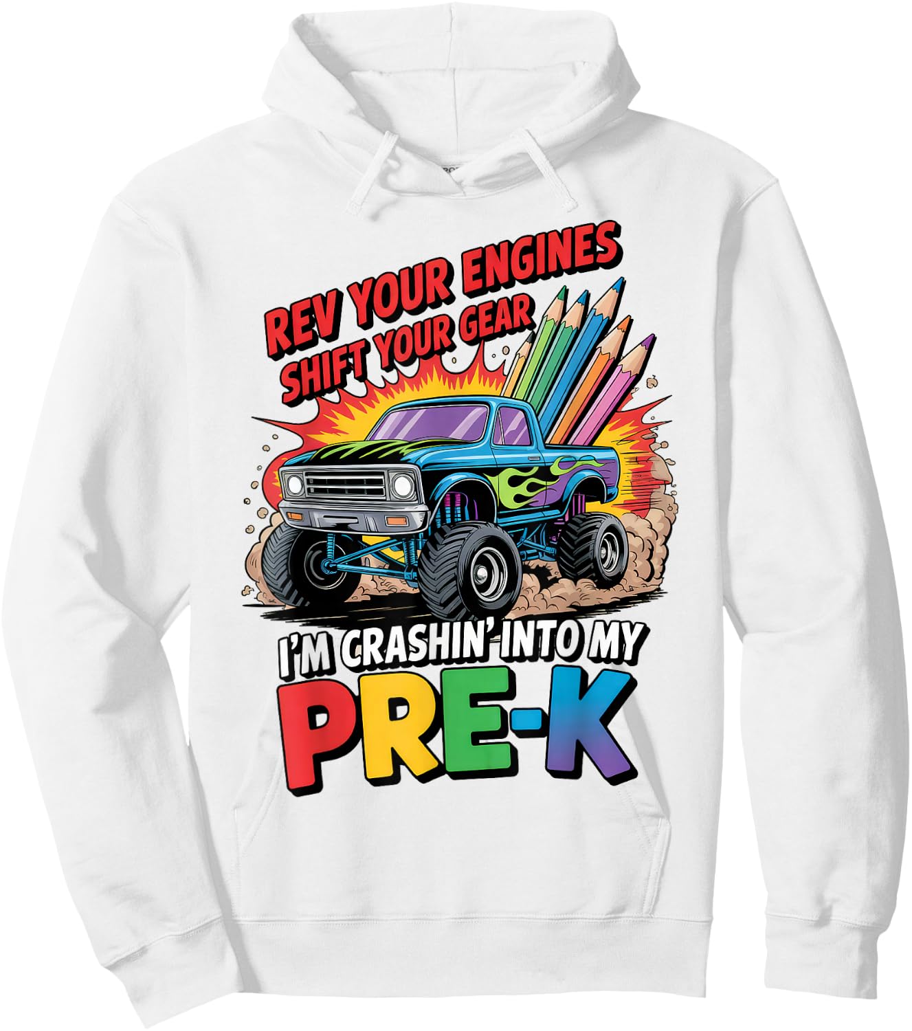 Back to School Pre-K Preschool Monster Truck First Day Boys Hoodie - Hoodie | White