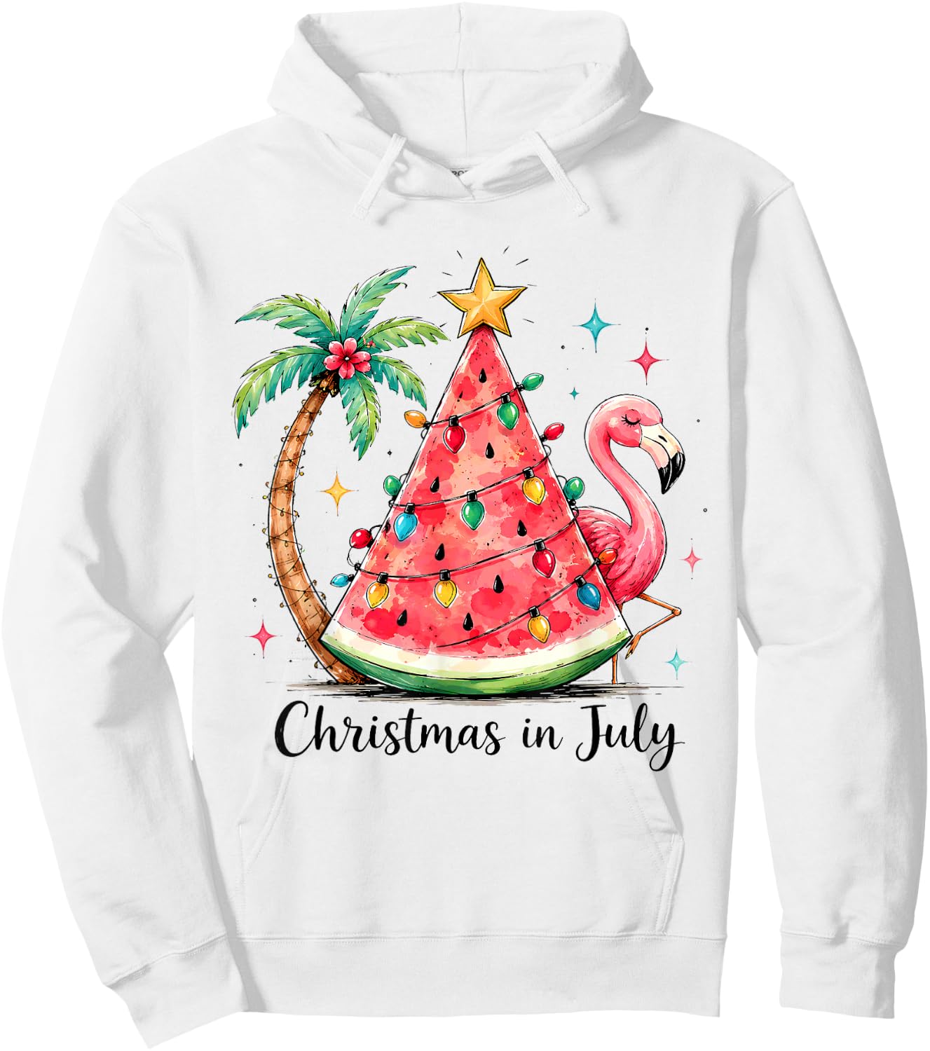 Christmas in July Watermelon Tree Flamingo Palm Tropical Hoodie - Hoodie | White