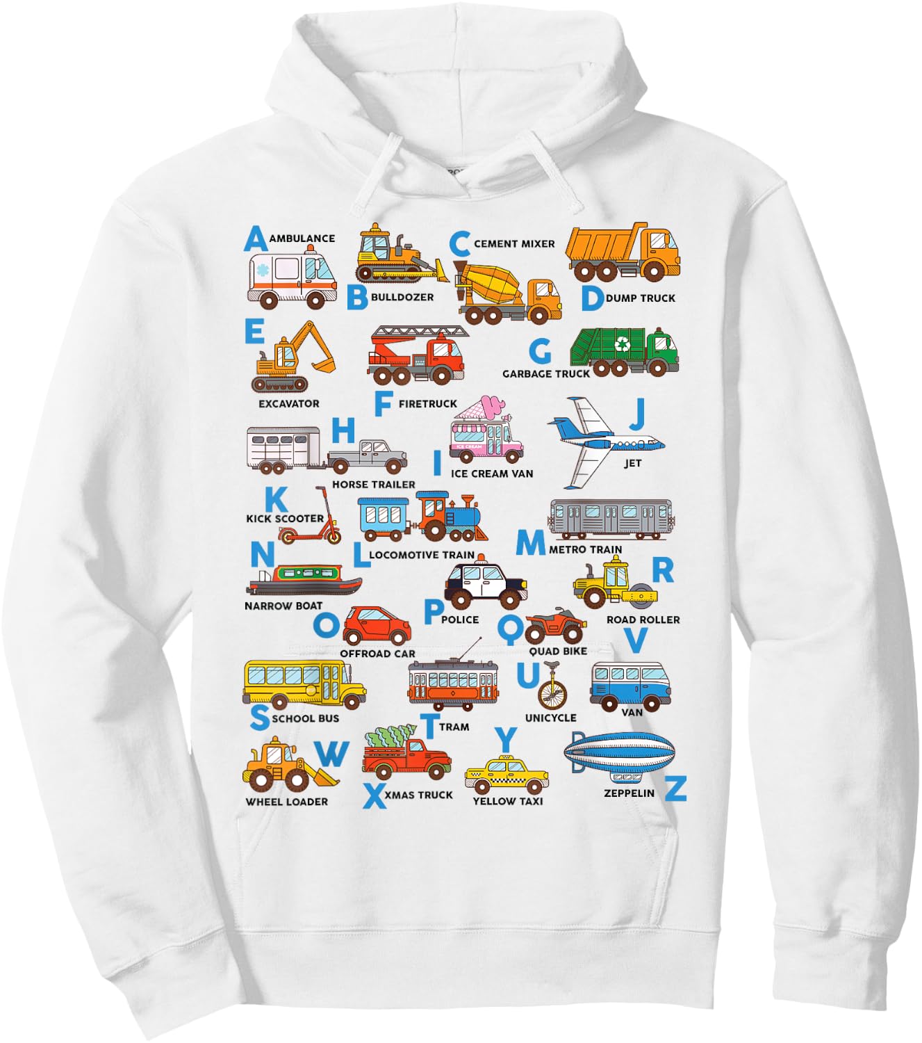 Alphabet Vehicles ABCs Learning Teachers Kids Boys Girls Hoodie - Hoodie | White