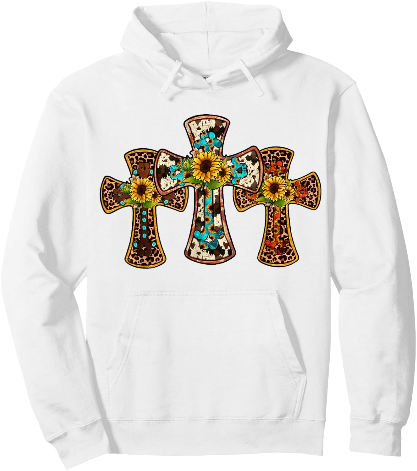 Western Cross Christian God Jesus Sunflower Cowhide Hoodie - Hoodie | White
