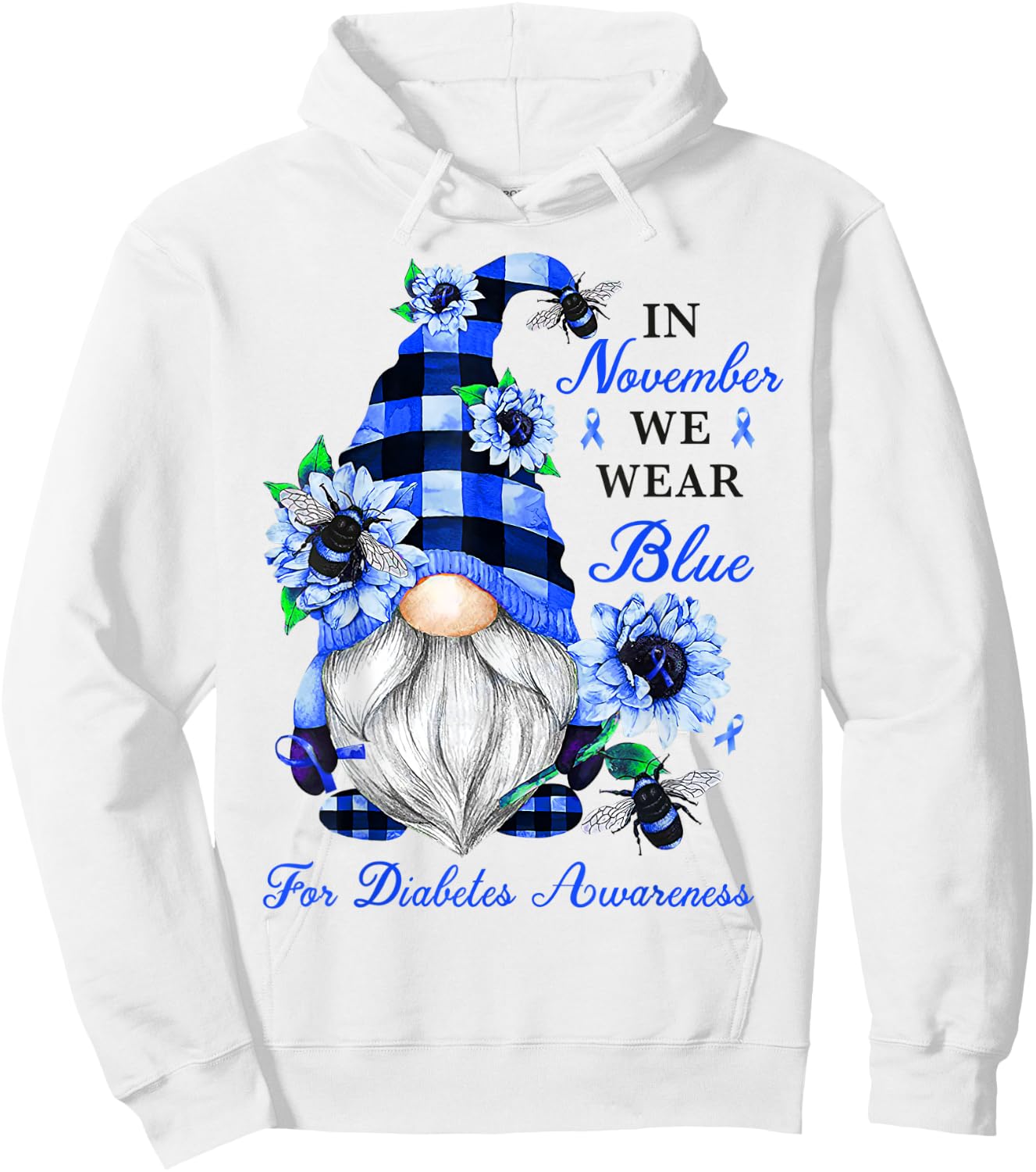 Gnome Diabetic November Diabetes Month Ribbon Blue Awareness Hoodie - Hoodie | White