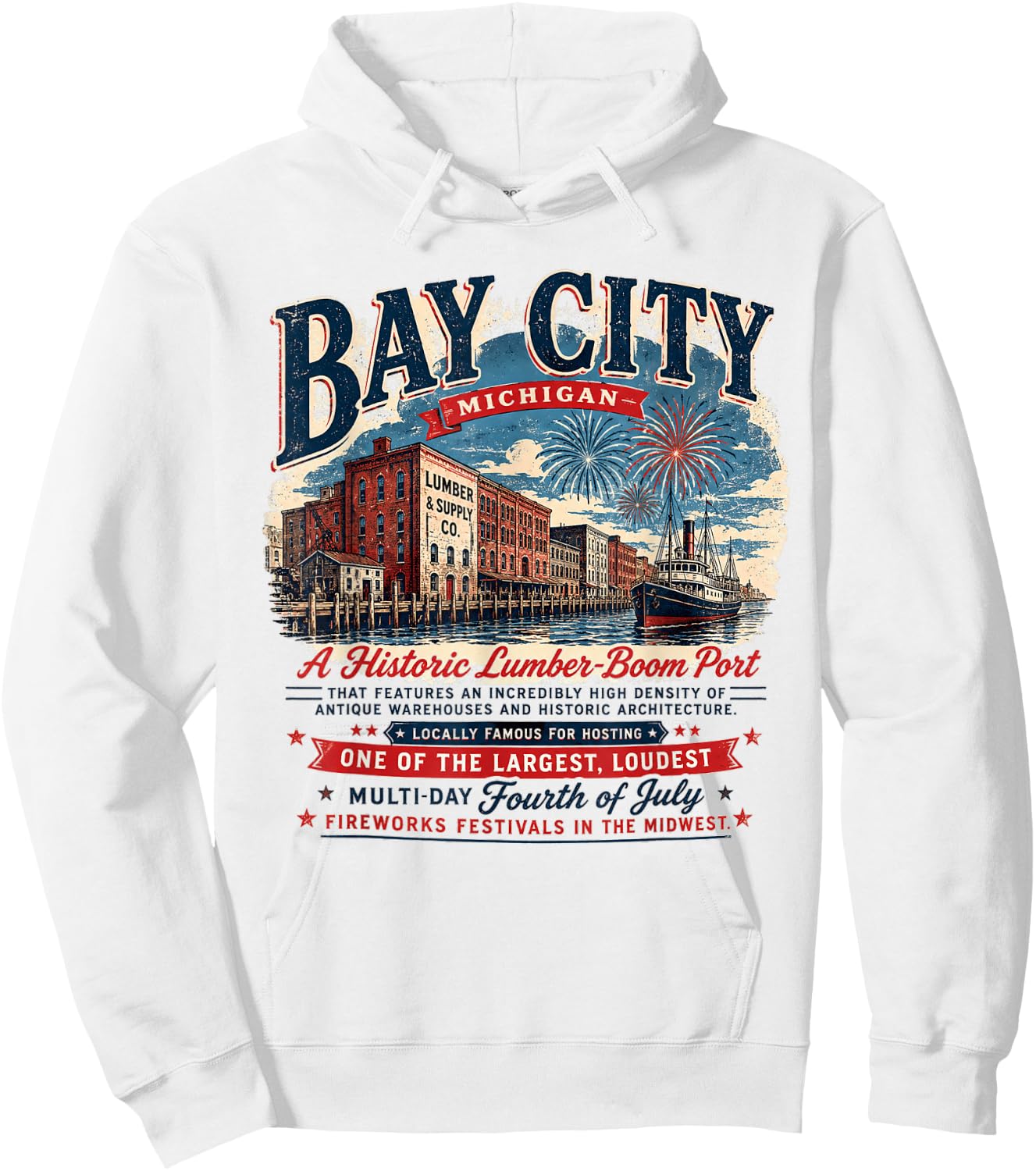 Bay City Michigan - Lumber Boom Port - 4th of July Patriotic Hoodie - Hoodie | White