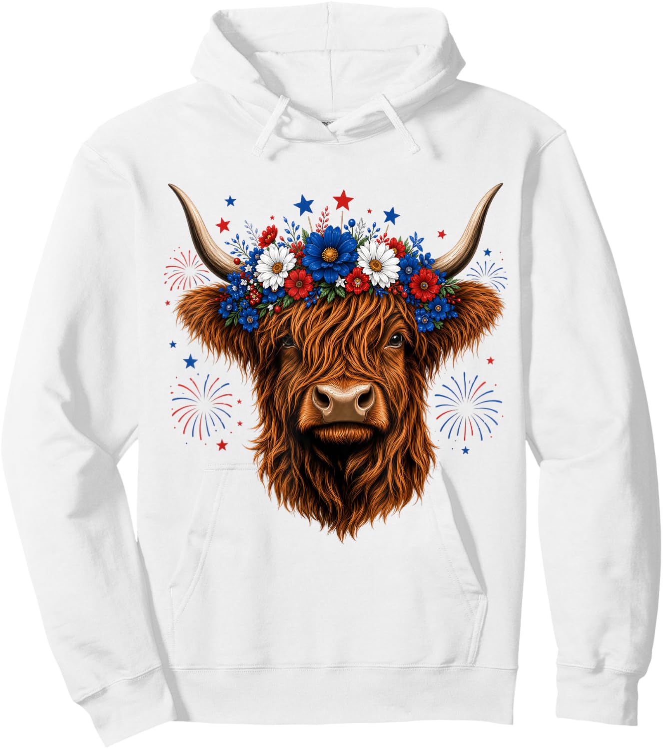 Highland Cow Cattle Floral 4th of July Patriotic Fireworks Hoodie - Hoodie | White