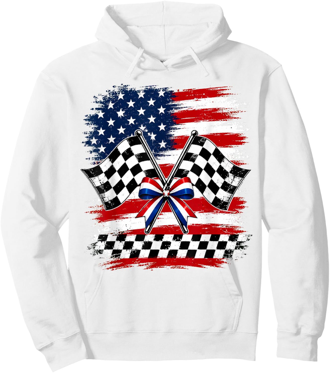 4th of July USA Patriotic Racing Flags Checkered Race Day Hoodie - Hoodie | White