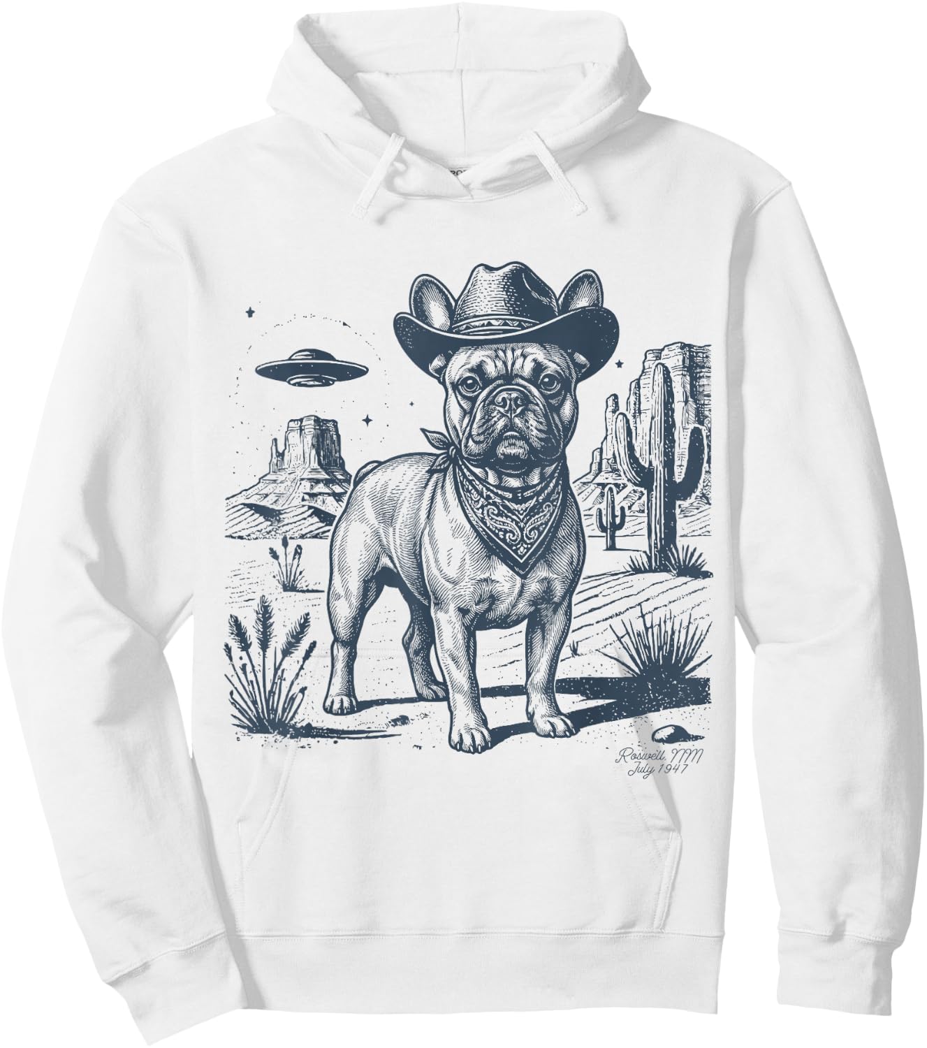 Vintage Alien UFO Western Cowboy French Bulldog Dog Desert Hoodie - Hoodie | White