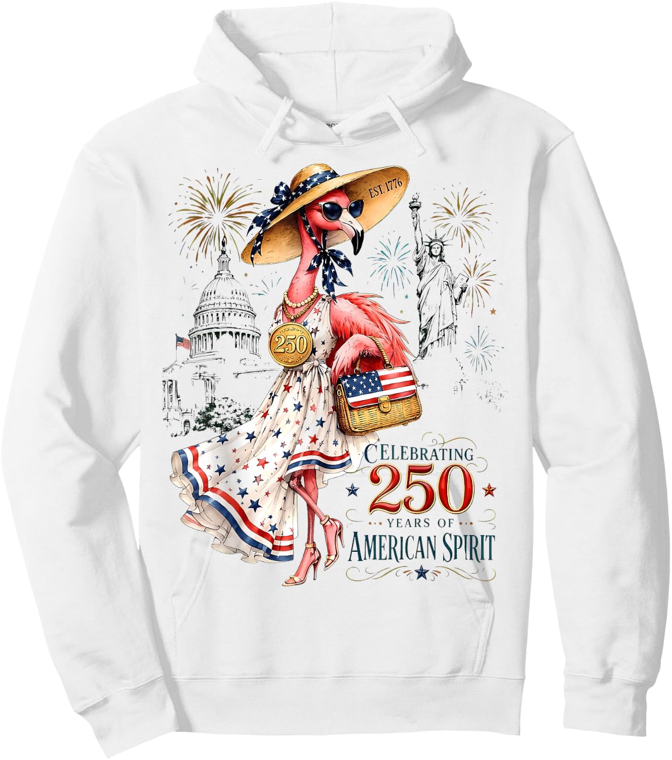 Patriotic Flamingo 250 Years American Spirit Hoodie - Hoodie | White