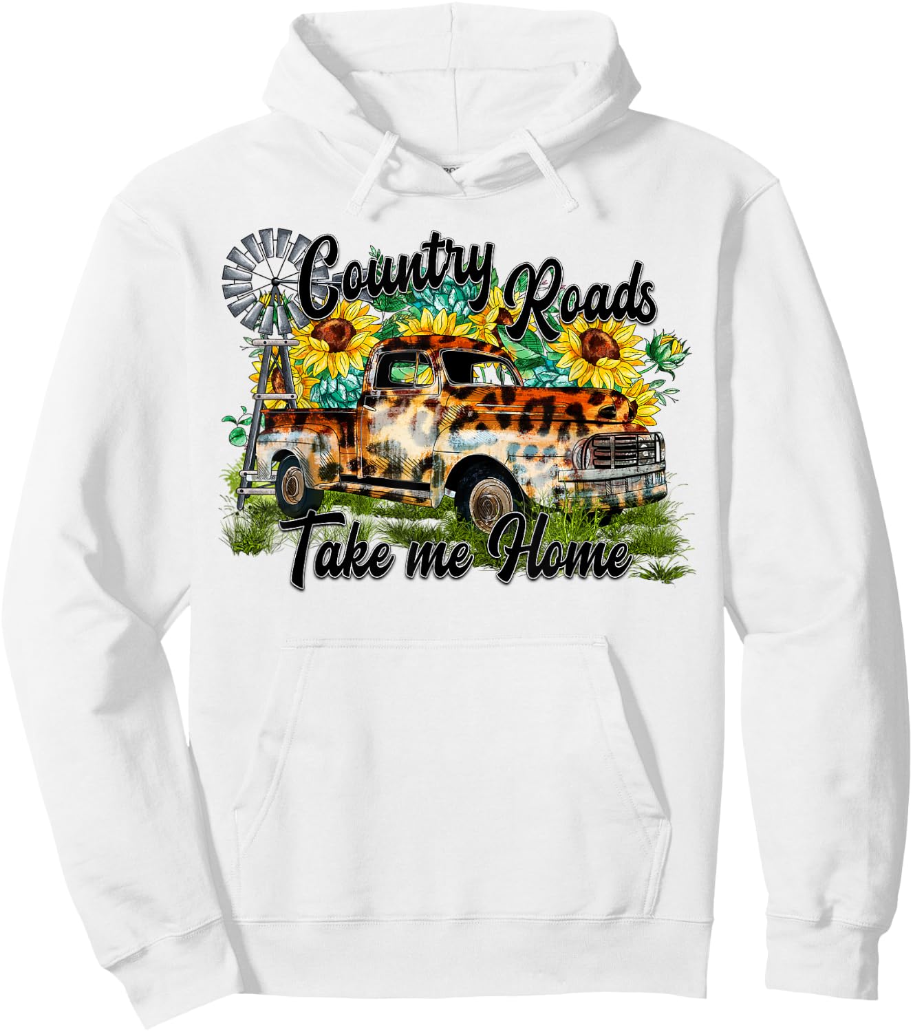 Country Roads Leopard Truck Sunflower Windmill Western Hoodie - Hoodie | White