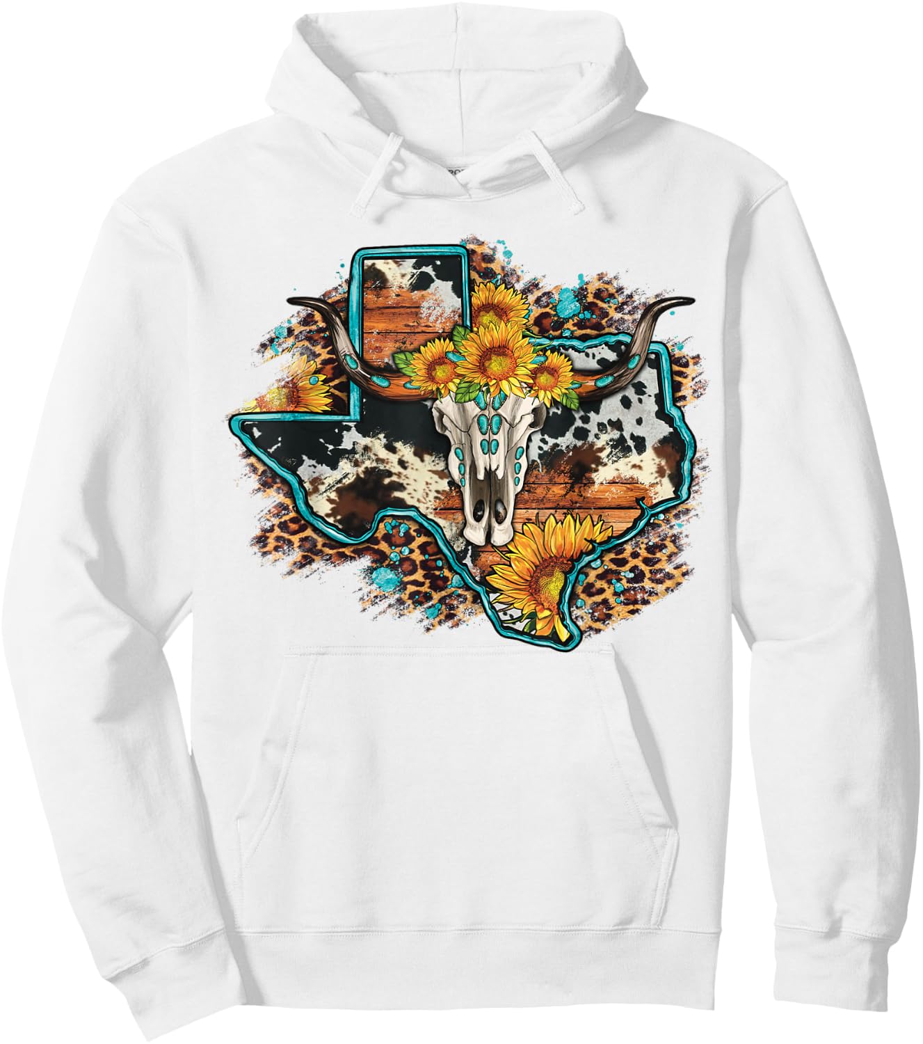 Bull Skull Leopard Cowhide Sunflower Texas Map Western Hoodie - Hoodie | White