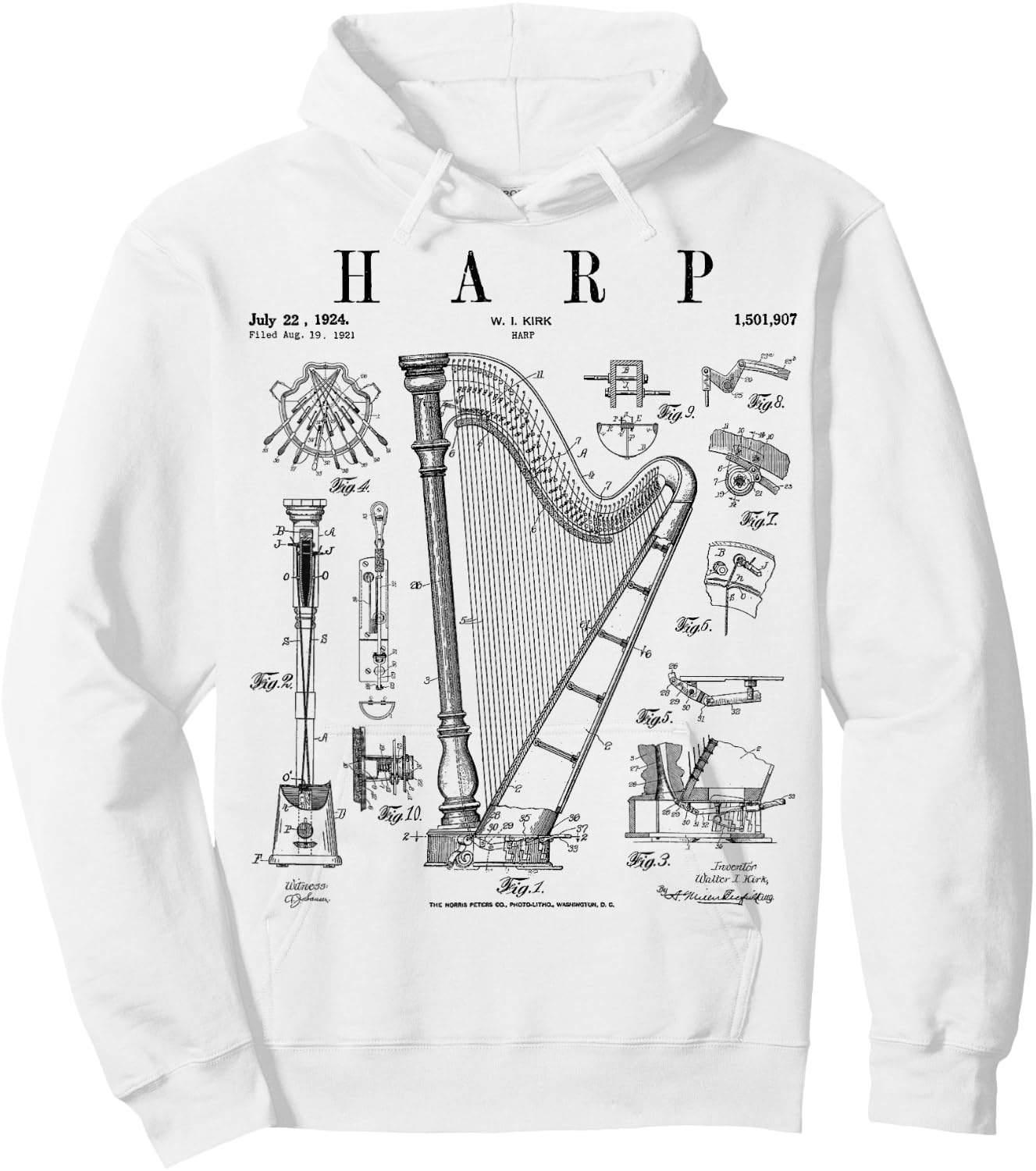 Harp Vintage Patent Harpist Drawing Print Hoodie - Hoodie | White