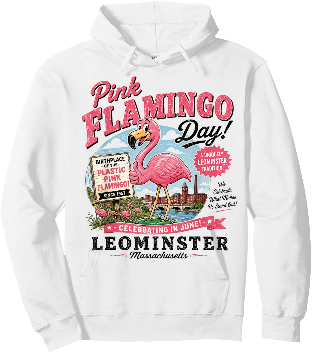 Leominster Massachusetts Pink Flamingo Day - Vintage Hoodie - Hoodie | White
