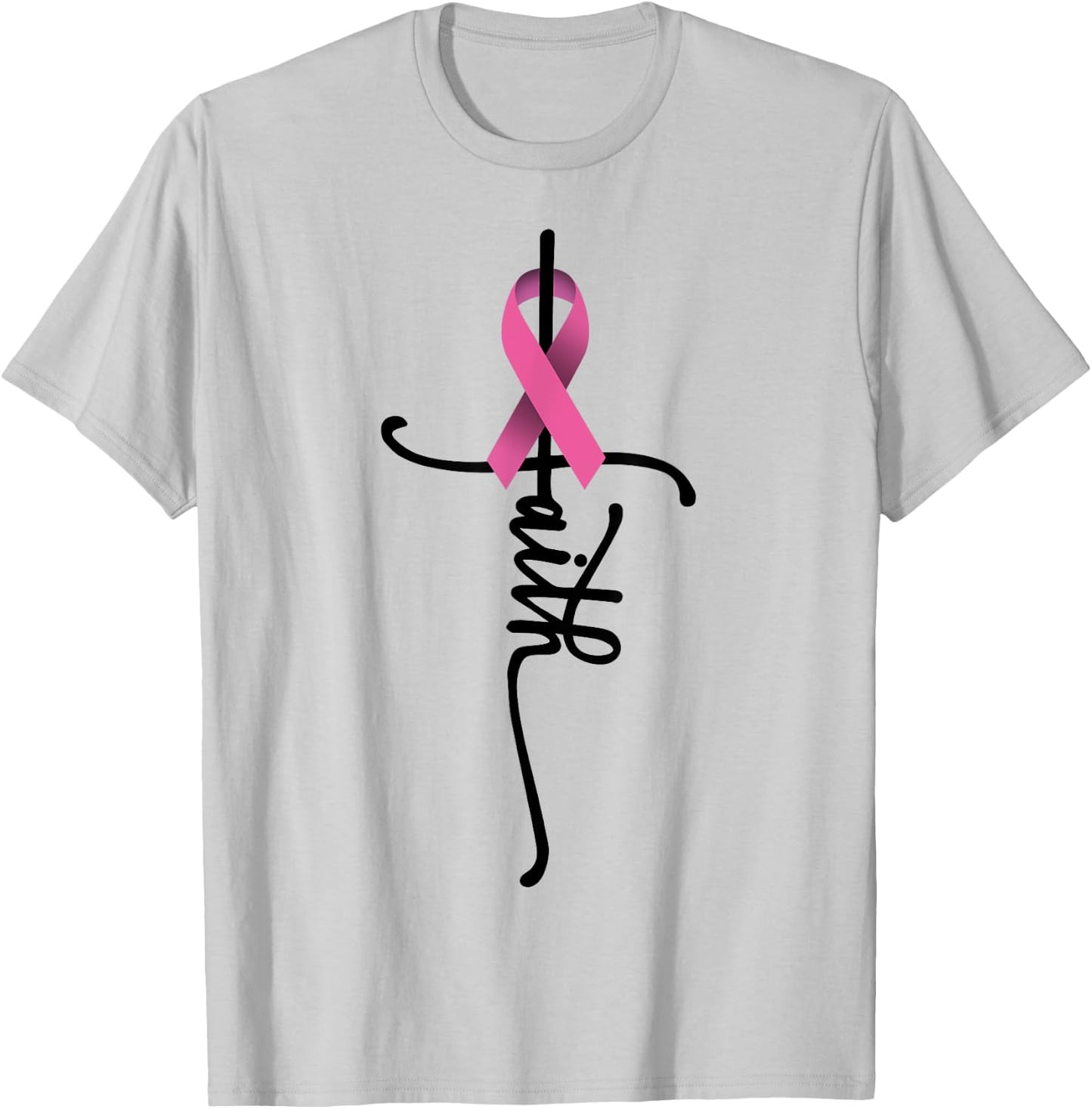 Faith Cross Warrior Survivor Pink Ribbon Breast Cancer T-Shirt - T-Shirt | Ash