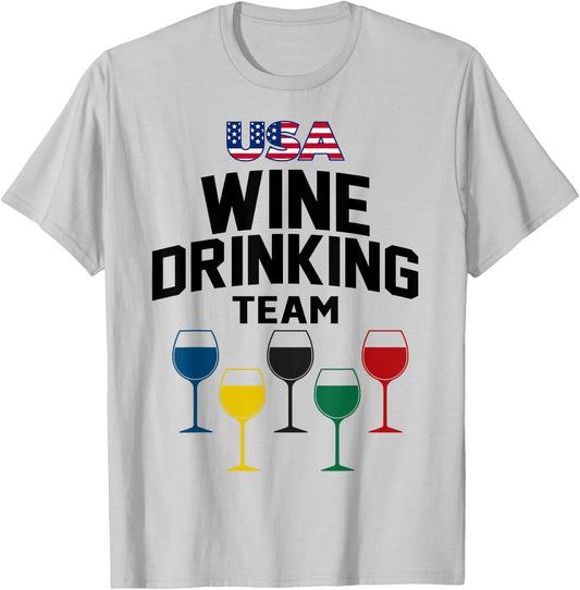 Funny Wine USA Drinking Team 5 Rings Colors Flag T-Shirt - T-Shirt | Ash