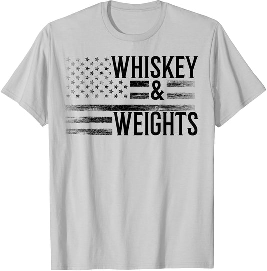 USA Flag Whisky Gym Workout - Whiskey And Weights Women Men T-Shirt - T-Shirt | Ash