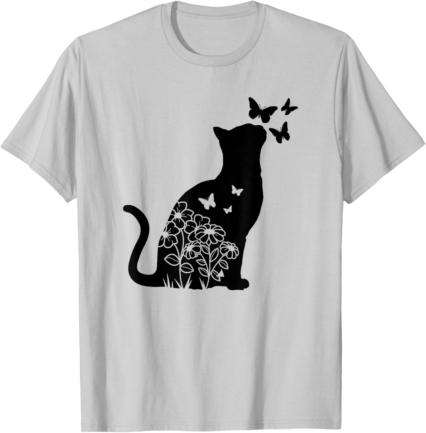 Cat Lover Flowers Butterfly Floral Women Girls, Cat Mom Cute T-Shirt - T-Shirt | Ash