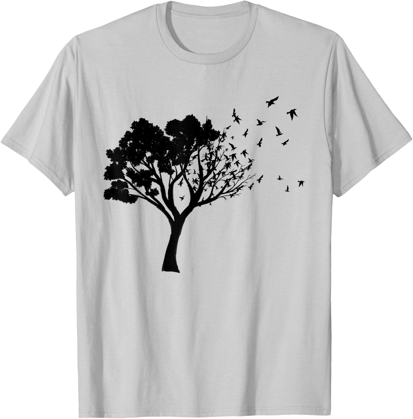Black Tree And Birds Flying Away Free In Nature Silhouette T-Shirt - T-Shirt | Ash