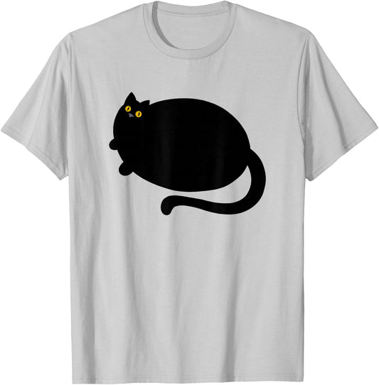 Fat Black Cat Funny BlackCat Fatty Curvy With Yellow Eyes T-Shirt - T-Shirt | Ash
