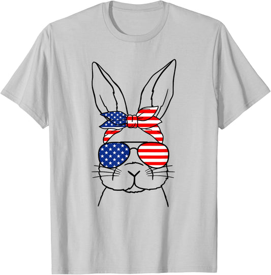 Cute Bunny Face American Flag Glasses Easter Day T-Shirt - T-Shirt | Ash