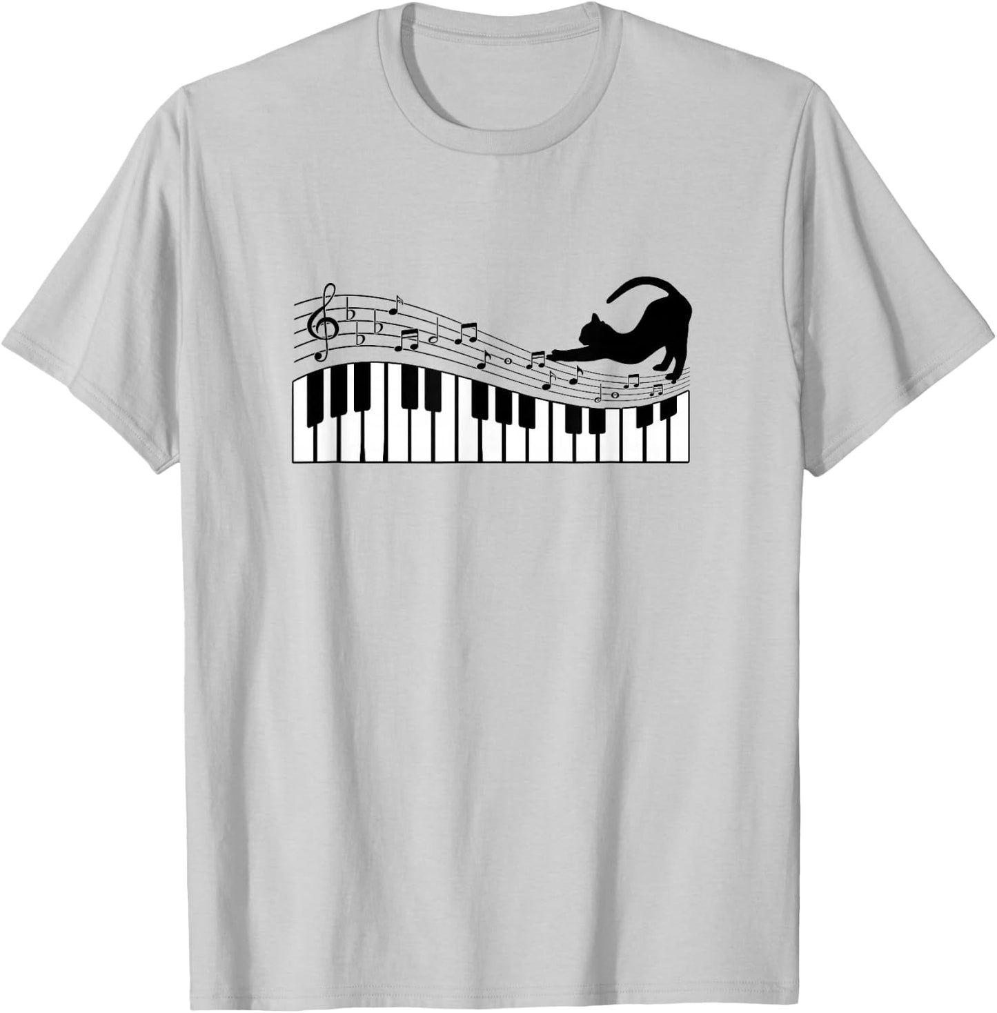 Cute Cat Kitty Playing Piano Music Clef Pianist Musician Art T-Shirt - T-Shirt | Ash
