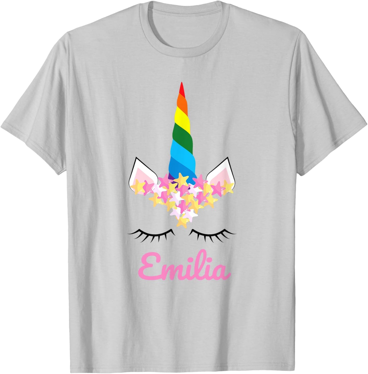 Cute Girls Unicorn Personalized Name Emilia Rainbow Unicorn T-Shirt - T-Shirt | Ash
