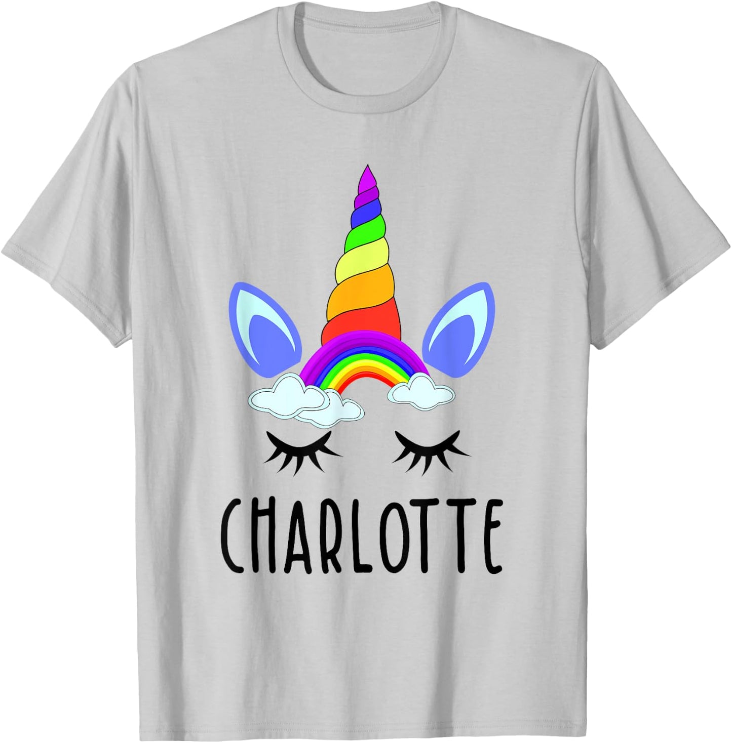 Charlotte Rainbow Unicorn Personalized Girl's First Name T-Shirt - T-Shirt | Ash
