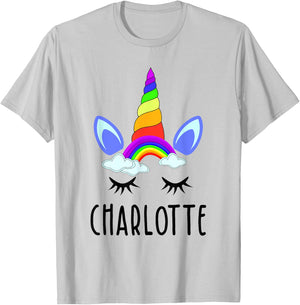 Charlotte Rainbow Unicorn Personalized Girl's First Name T-Shirt - T-Shirt | Ash