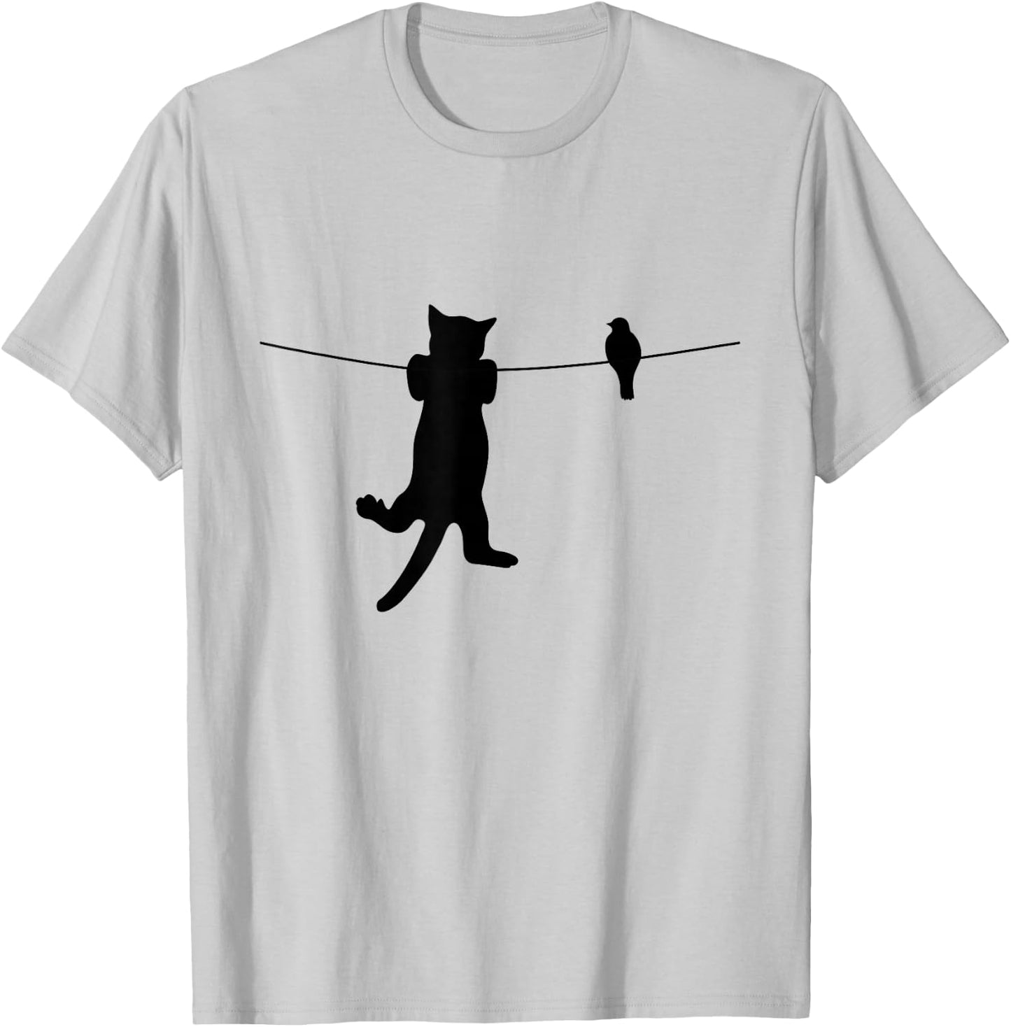 Bird Cat on a Wire Worst Enemies Besties Friends Silhouette T-Shirt - T-Shirt | Ash