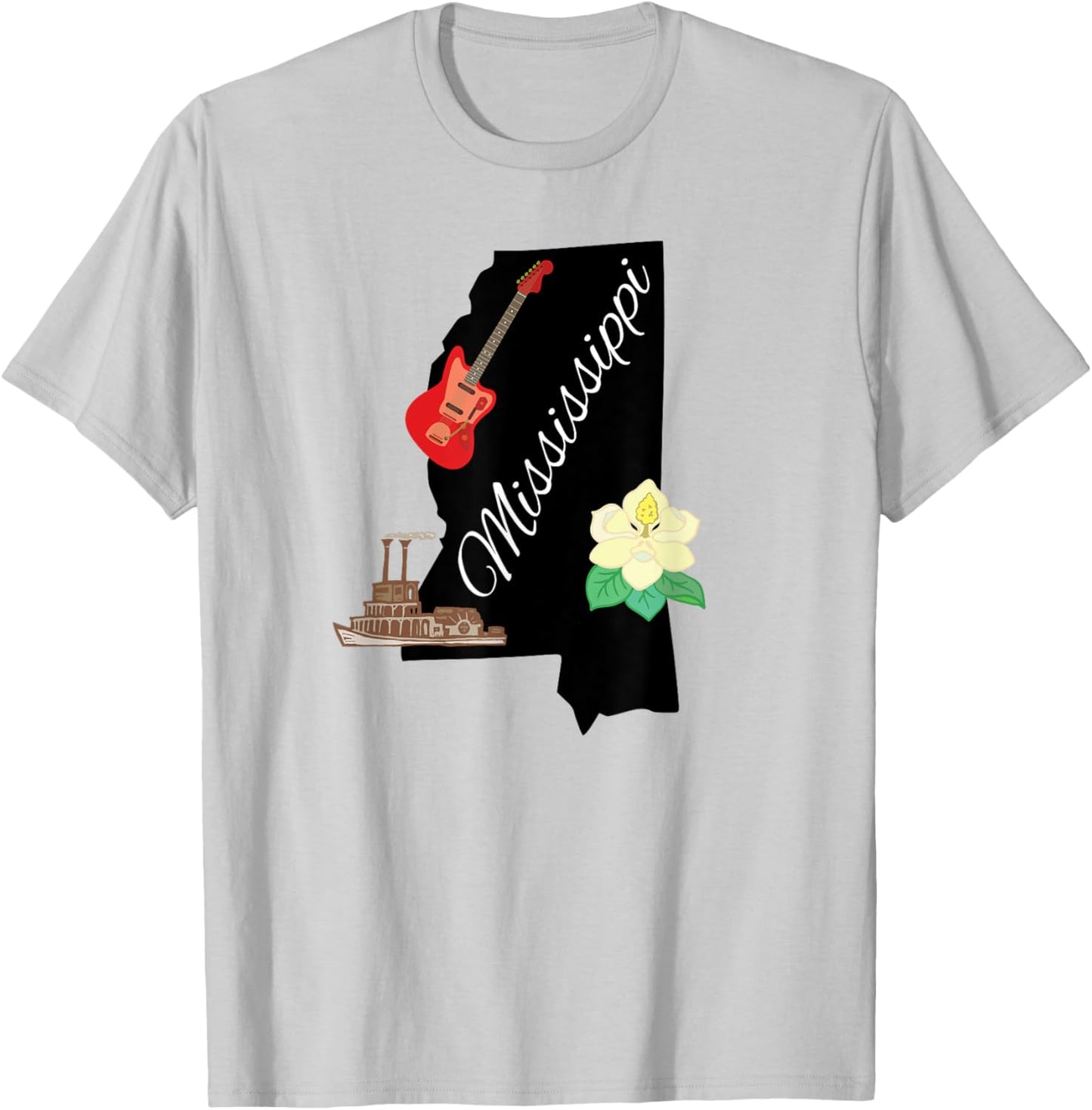Mississippi Magnolia Guitar Riverboat State Souvenir Gift T-Shirt - T-Shirt | Ash