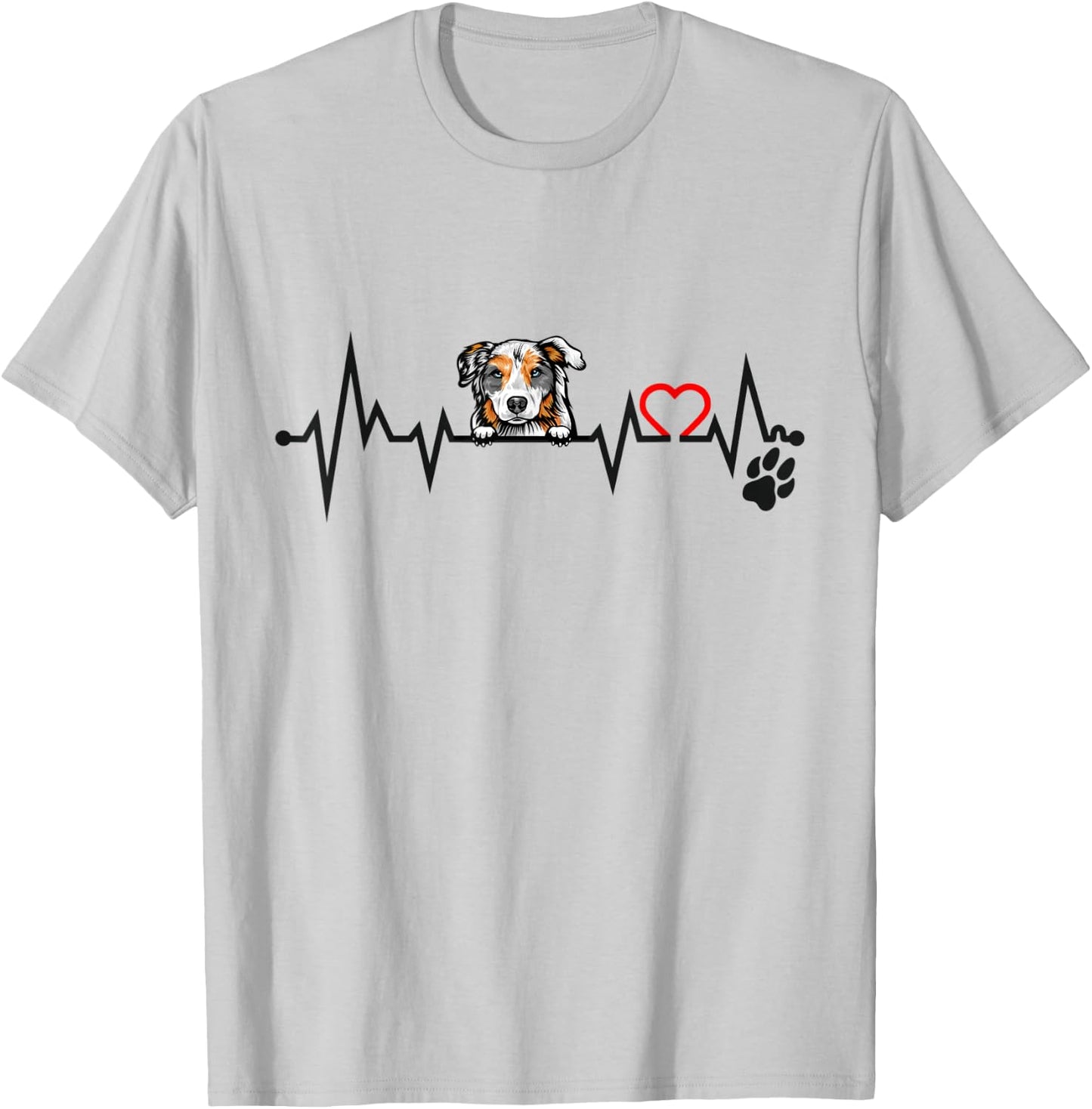 Peeking Australian Shepherd EKG Heartbeat With Paw Print T-Shirt - T-Shirt | Ash