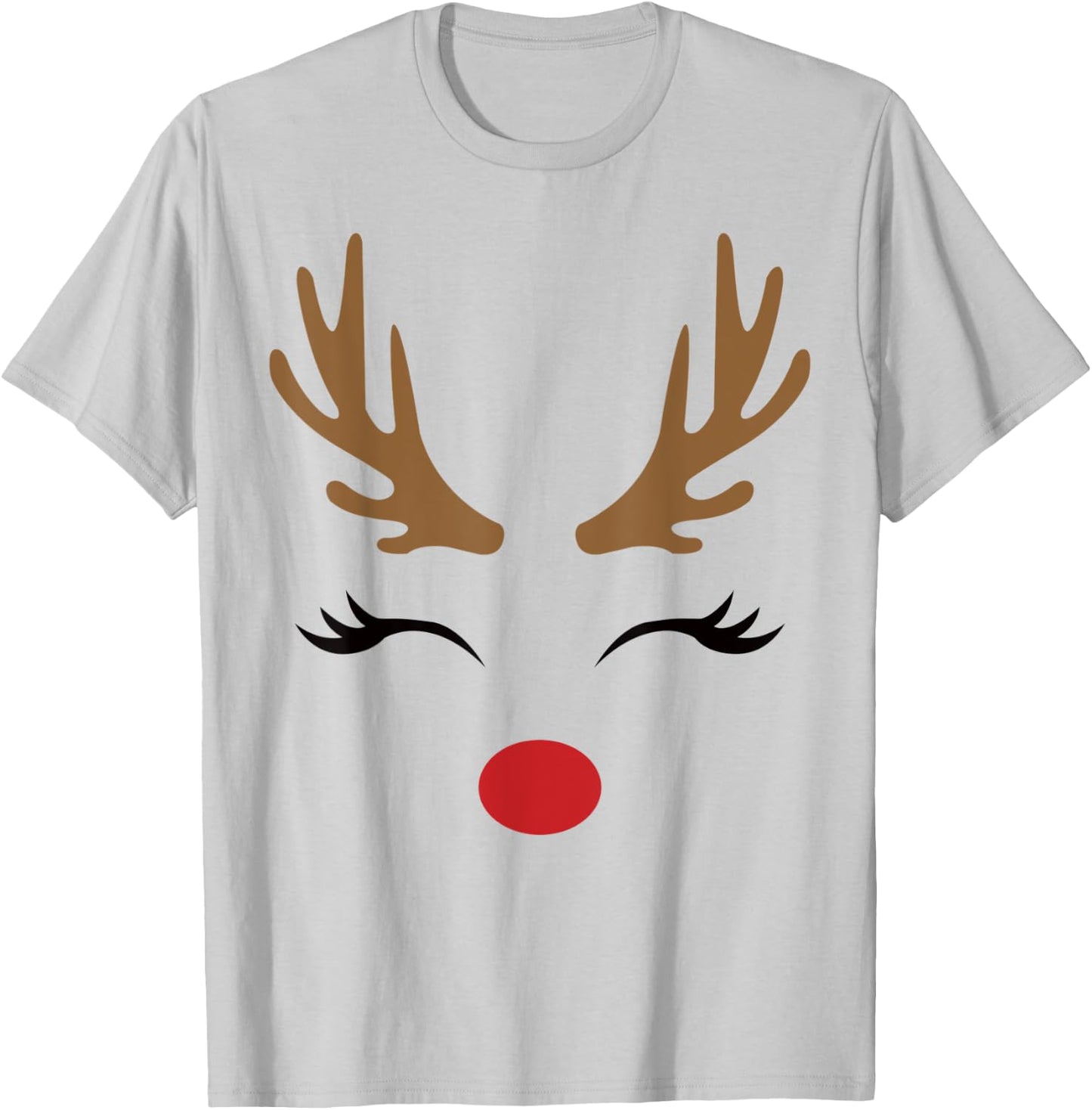 Cute Lady Reindeer Face with Eyelashes & Antlers - Novelty T-Shirt - T-Shirt | Ash