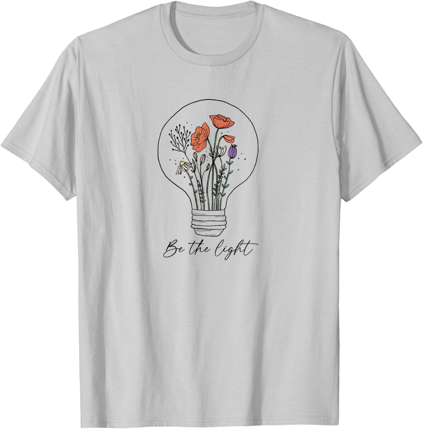 Be The Light Floral Lightbulb Doodle T-Shirt - T-Shirt | Ash
